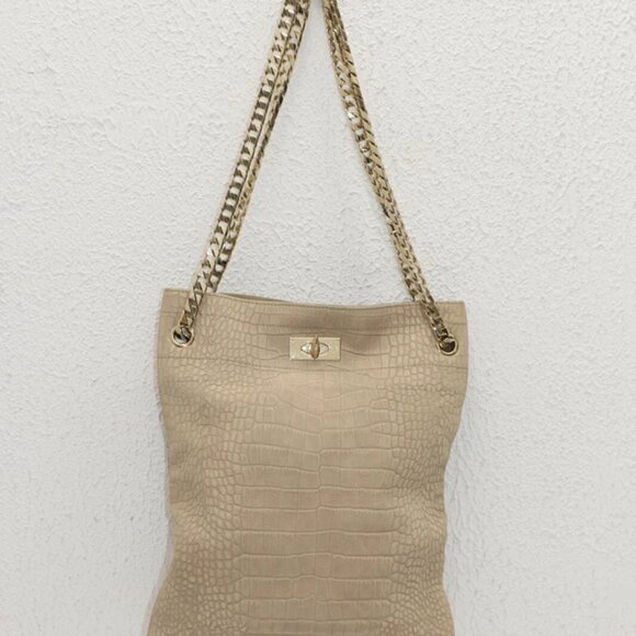 Givenchy Tan Leather Crocodile Print Maison Tote w/ Gold Chain Strap - Picture 1 of 8